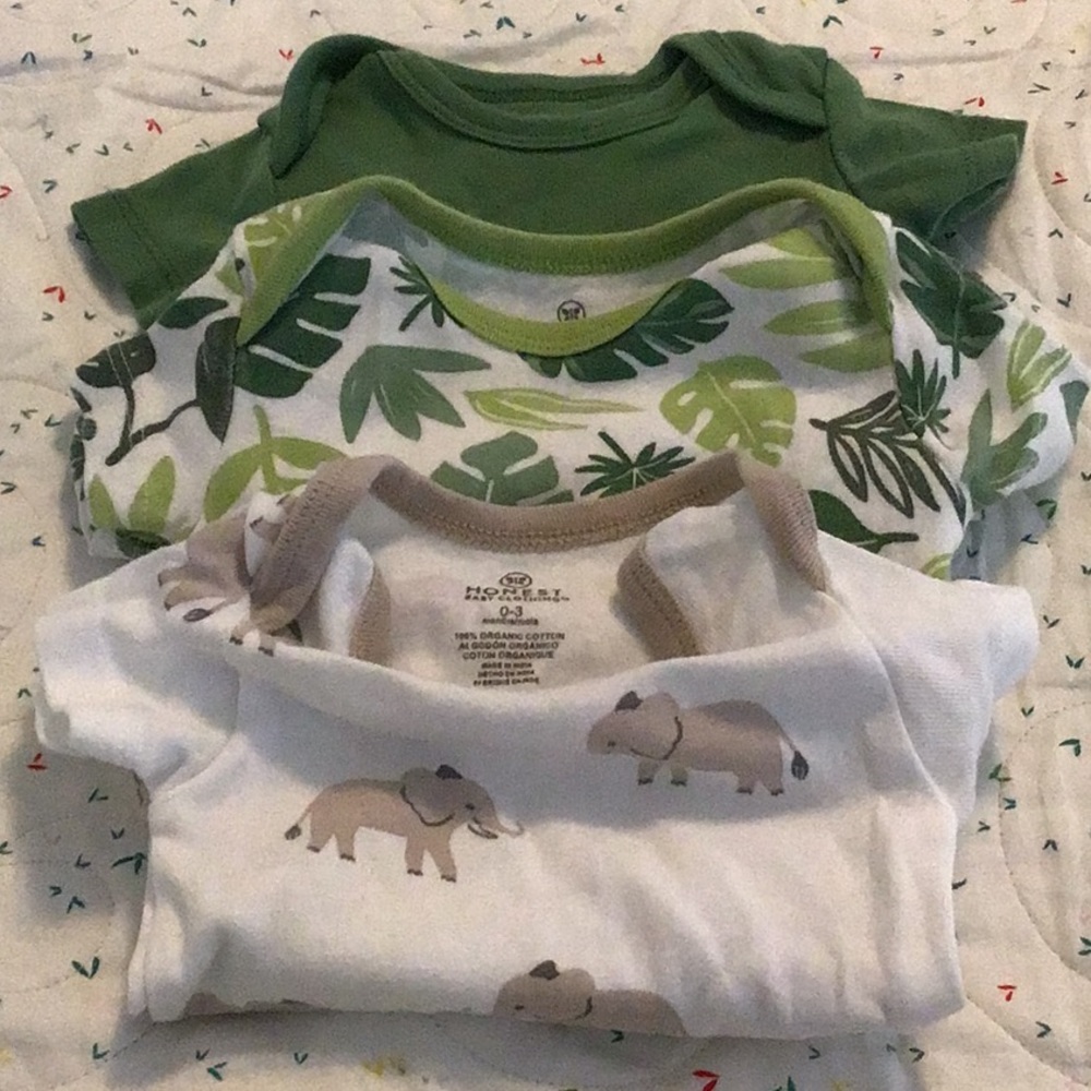 Honest Co. onesies, size 0-3 months, set of three